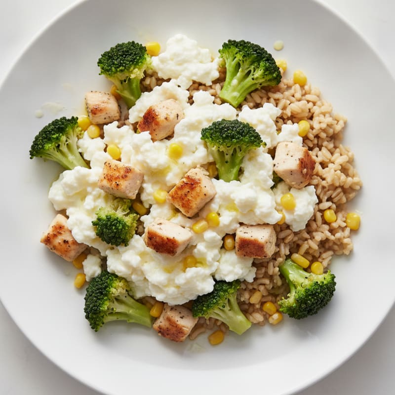 Egg White and Chicken Scramble with Steamed Broccoli and Brown Rice