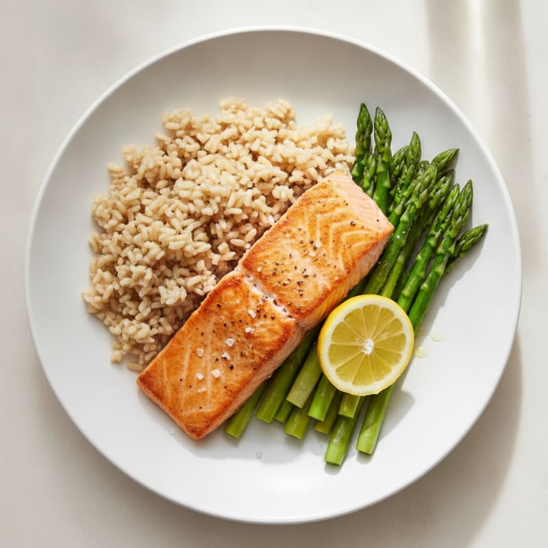 Seared Salmon with Steamed Asparagus and Brown Rice