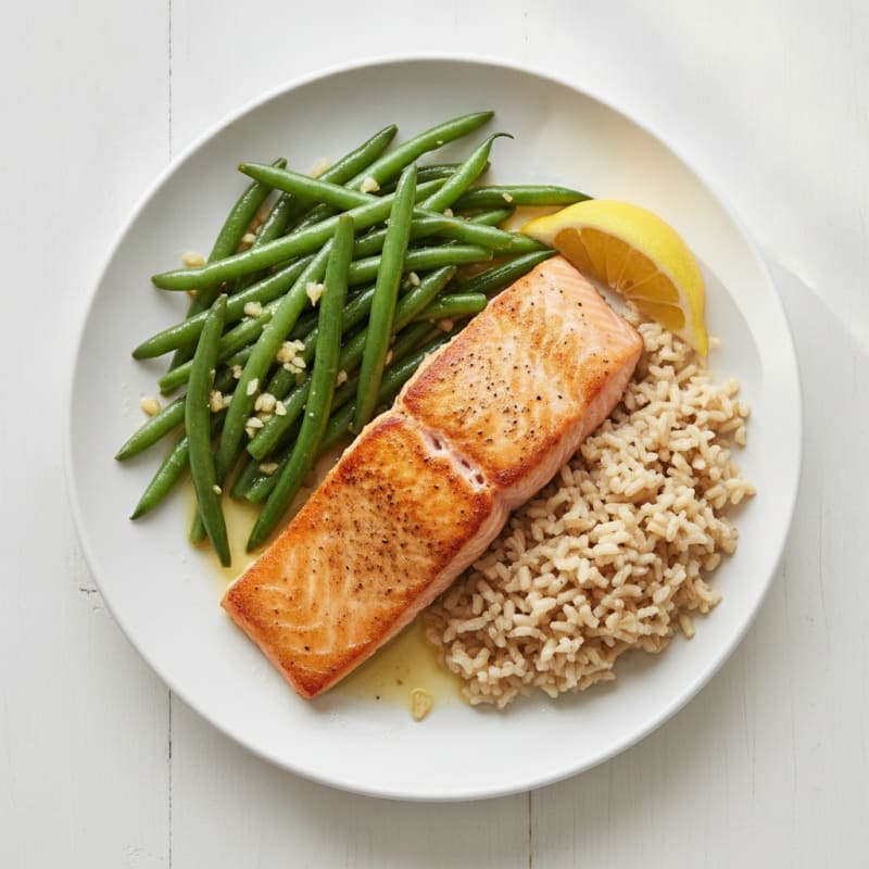 Seared Salmon Fillet with Garlic Green Beans and Brown Rice