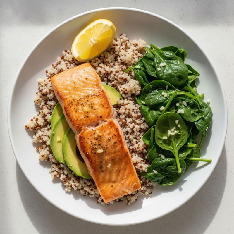 Seared Salmon Fillet with Quinoa and Garlic Sautéed Spinach