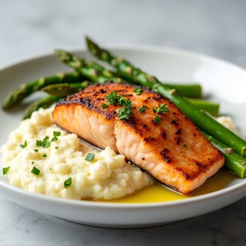 Seared Salmon with Steamed Asparagus and Cauliflower Mash
