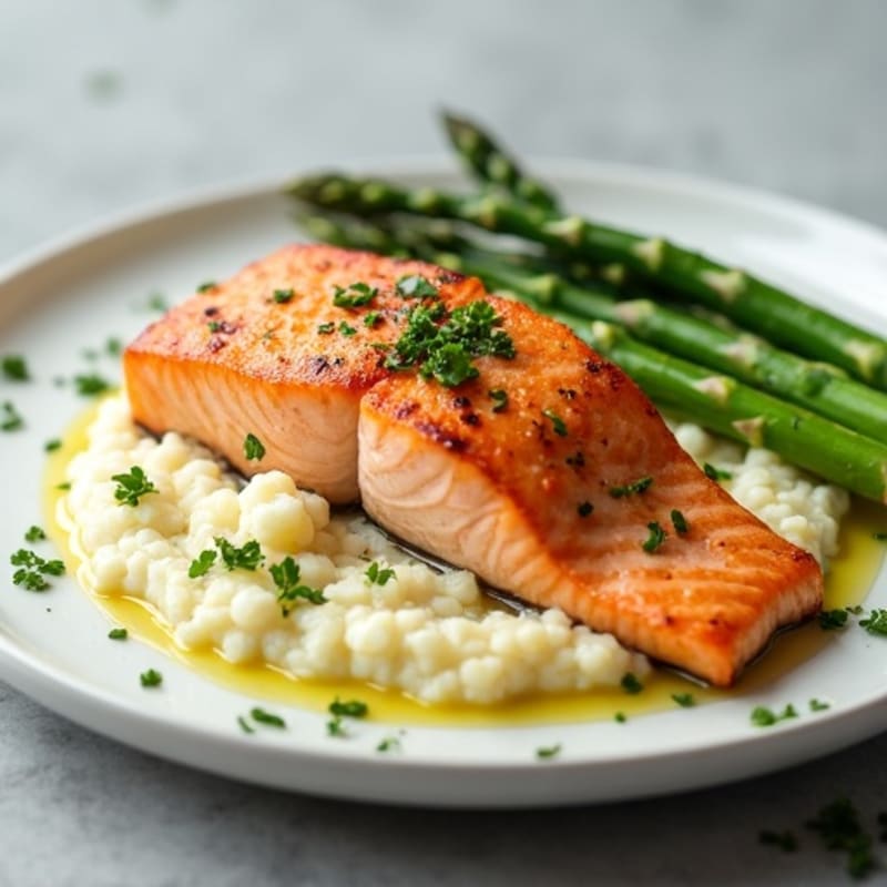 Seared Salmon with Steamed Asparagus and Cauliflower Mash