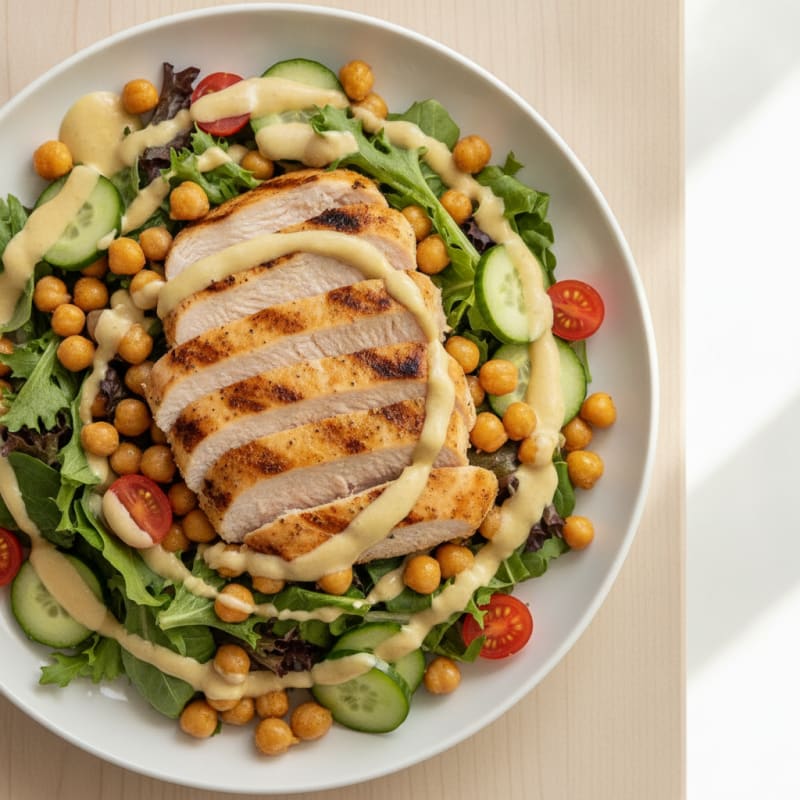Grilled Turkey Breast Salad with Chickpeas and Lemon Tahini Dressing