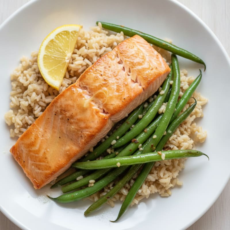 Seared Salmon with Garlic Green Beans and Brown Rice