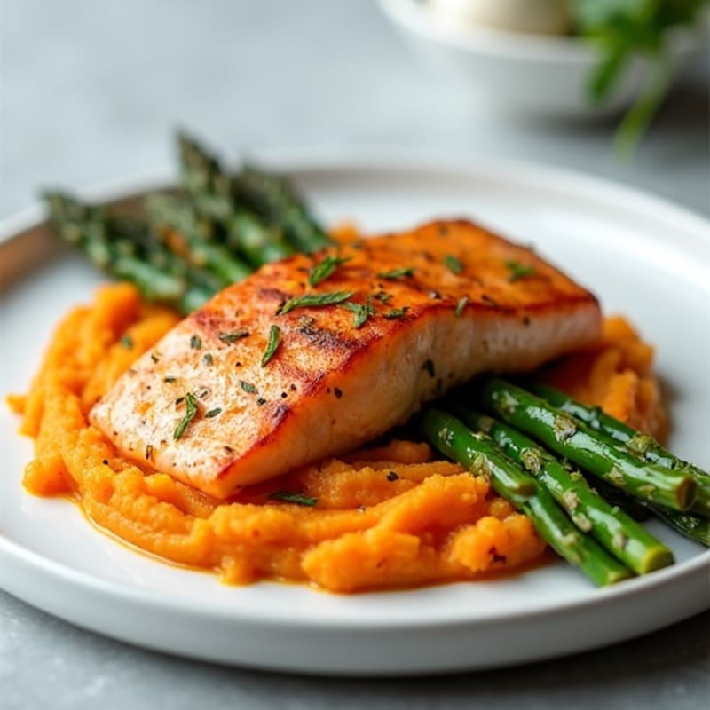 Seared Salmon with Roasted Asparagus and Sweet Potato Mash