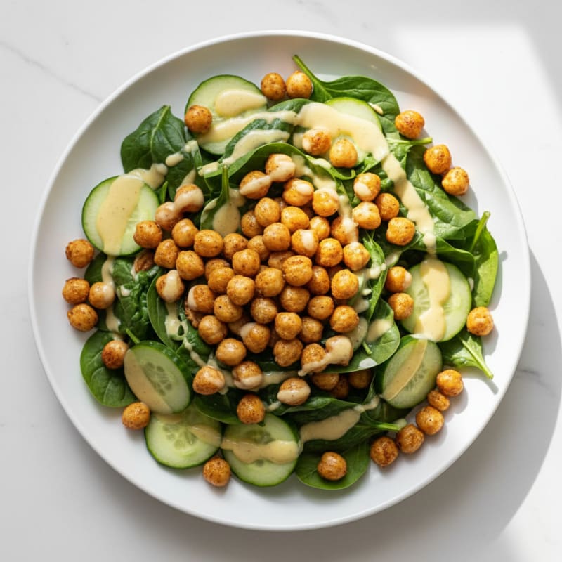 Crispy Chickpea and Spinach Salad with Lemon-Tahini Dressing