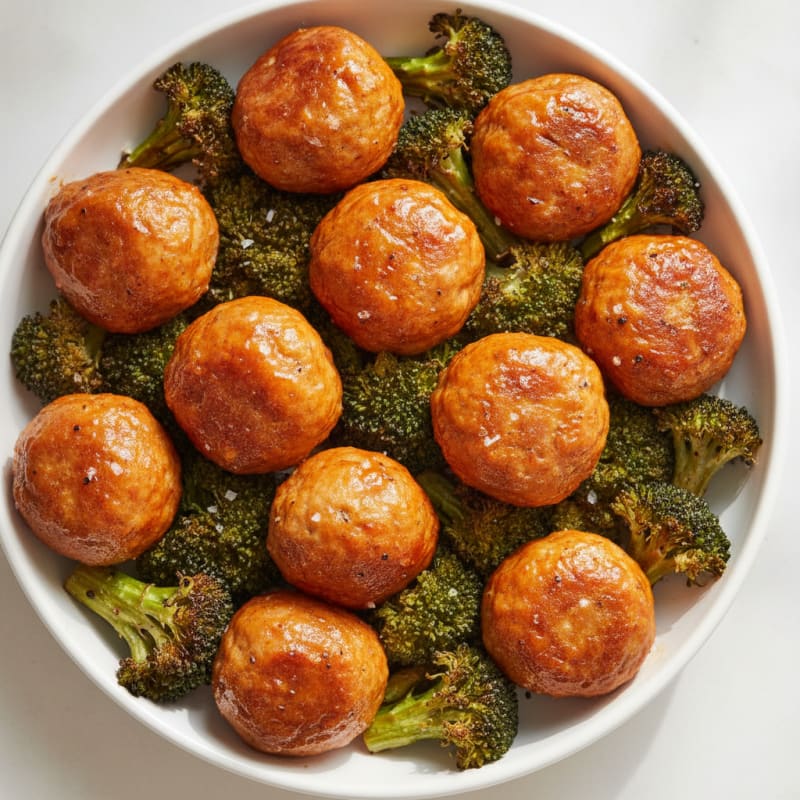 Hot Honey Chicken Meatballs with Roasted Broccoli