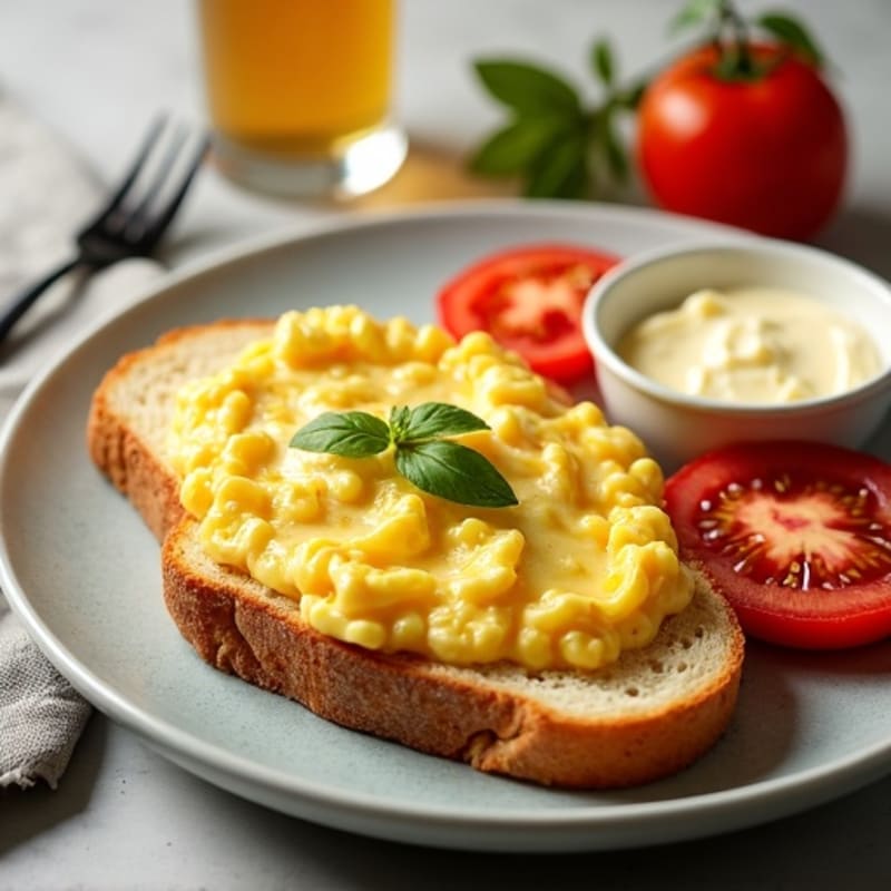 Creamy Scrambled Eggs with Crispy Sourdough Toast, Fresh Tomato, and Silky Mozzarella