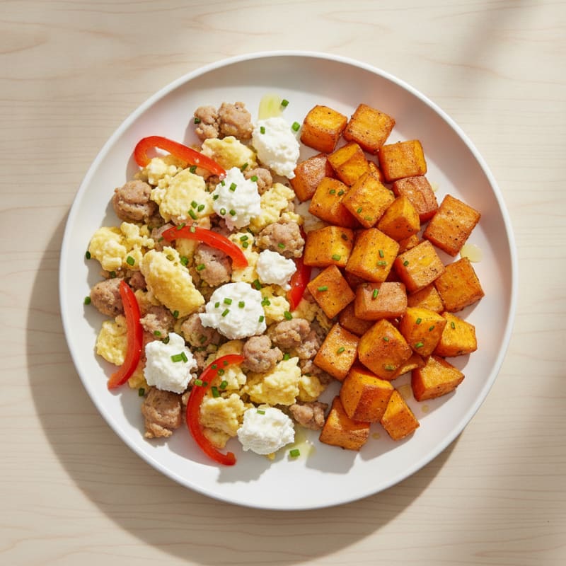 Egg White and Turkey Sausage Scramble with Cottage Cheese and Roasted Sweet Potatoes