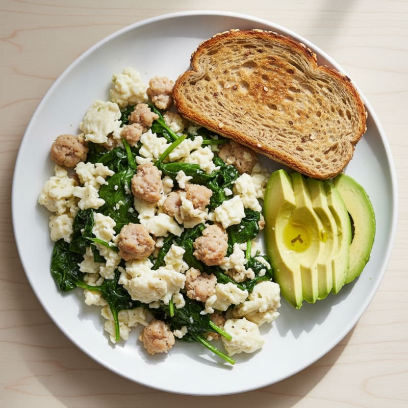 Egg White and Turkey Sausage Scramble with Sautéed Spinach