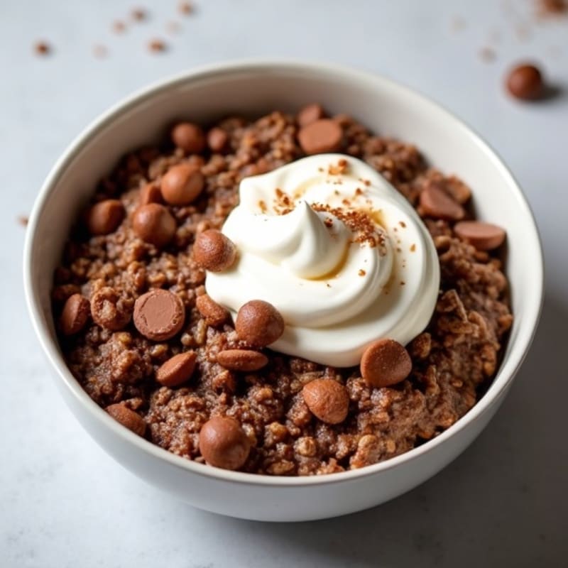 Chocolate Protein Baked Oats with Creamy Vanilla Yogurt Swirl