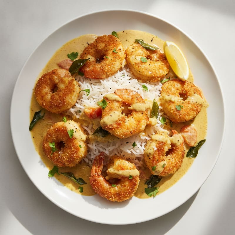 Rava Fried Fish and Prawns with Coconut Curry