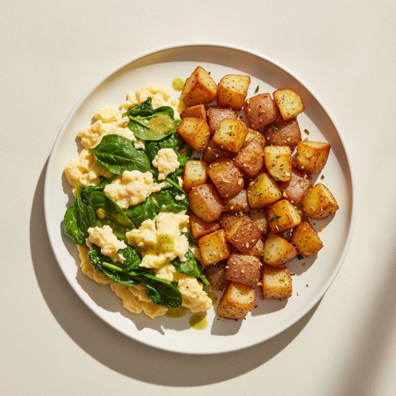 Scrambled Eggs with Roasted Potatoes and Spinach