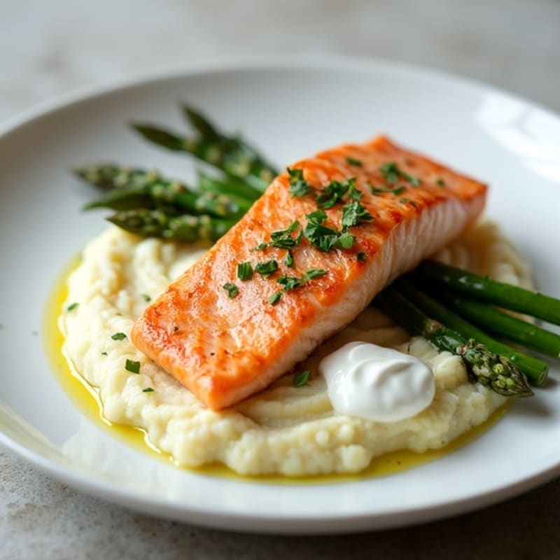 Seared Salmon Fillet with Steamed Asparagus and Cauliflower Mash