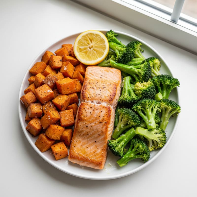 Seared Salmon with Roasted Sweet Potatoes and Steamed Broccoli