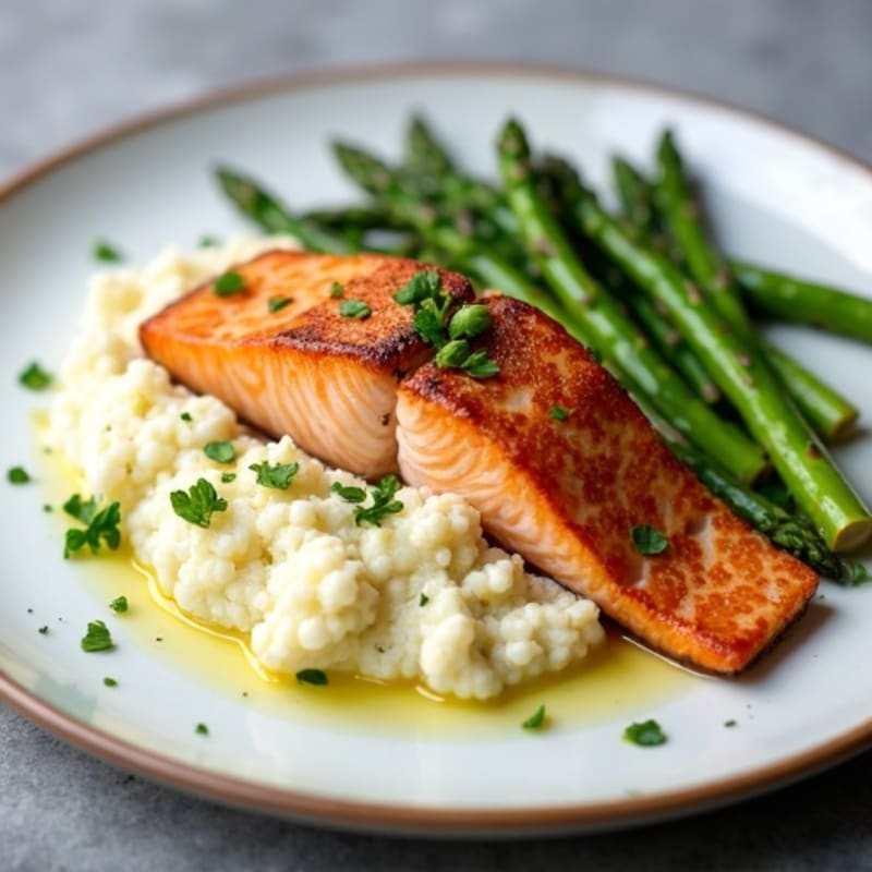 Seared Salmon with Steamed Asparagus and Garlic Mashed Cauliflower