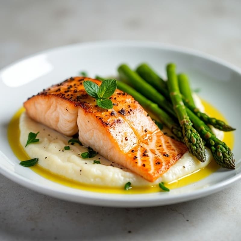 Baked Salmon with Steamed Asparagus and Cauliflower Mash