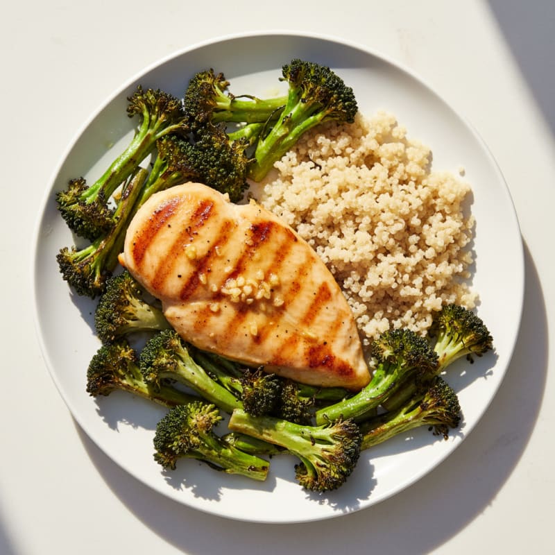Grilled Lemon-Garlic Chicken Breast with Quinoa and Roasted Broccoli