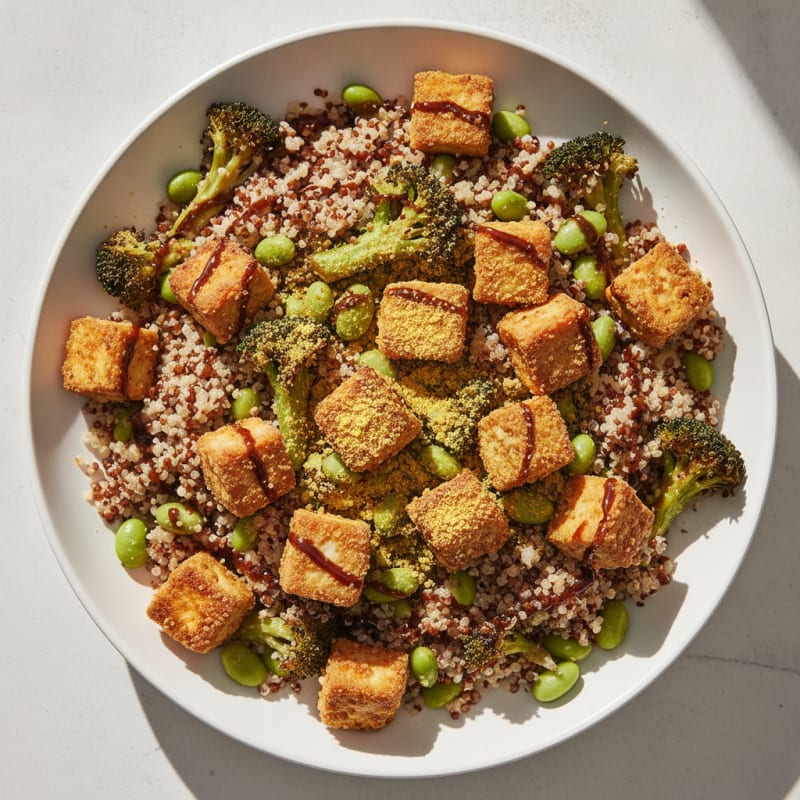 Crispy Tofu and Quinoa Power Bowl with Roasted Vegetables