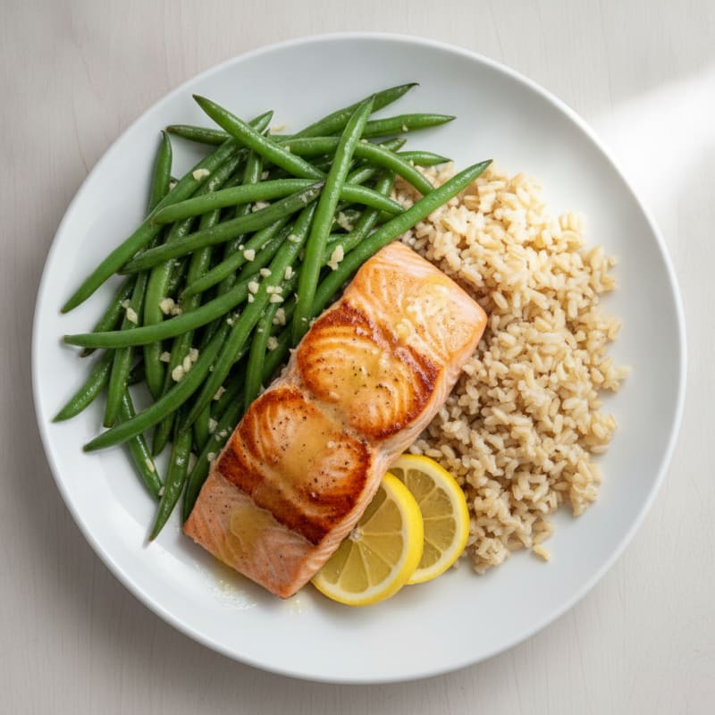 Seared Salmon with Garlic Green Beans and Brown Rice