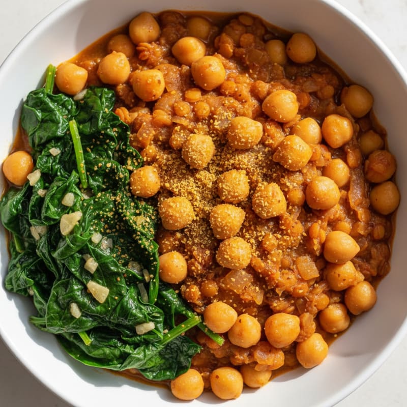 Lentil and Chickpea Stew with Sautéed Spinach