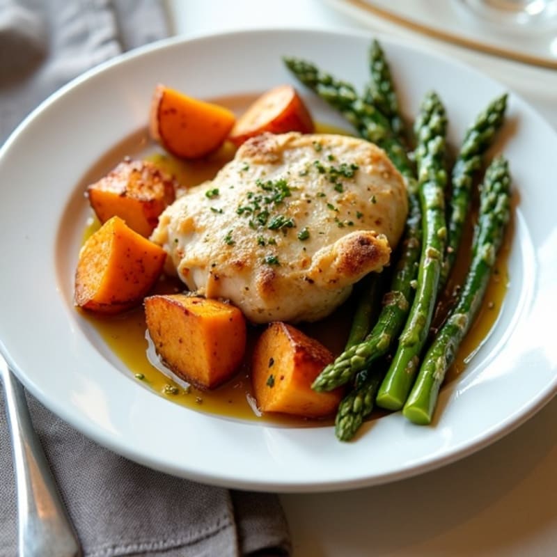 Lemon Herb Roasted Chicken with Crispy Asparagus and Sweet Potatoes