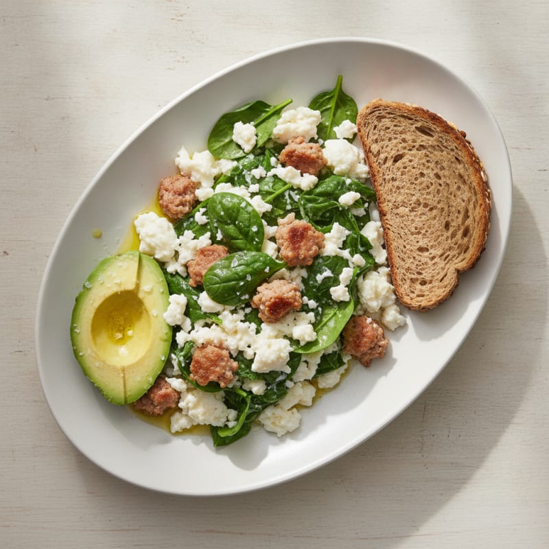Egg White Spinach Scramble with Turkey Sausage