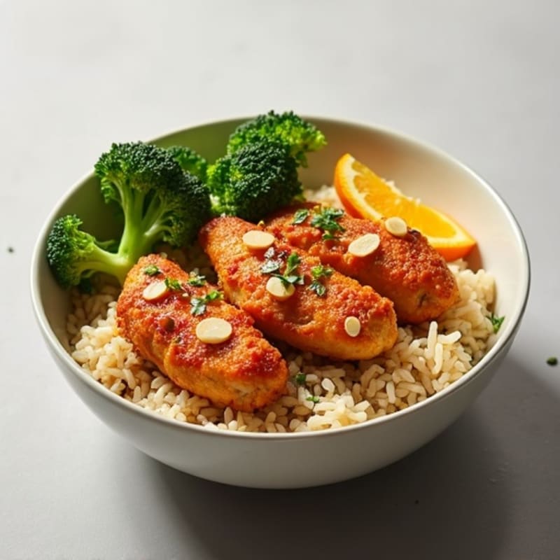 Crispy Orange Chicken with Sesame Broccoli Rice Bowl