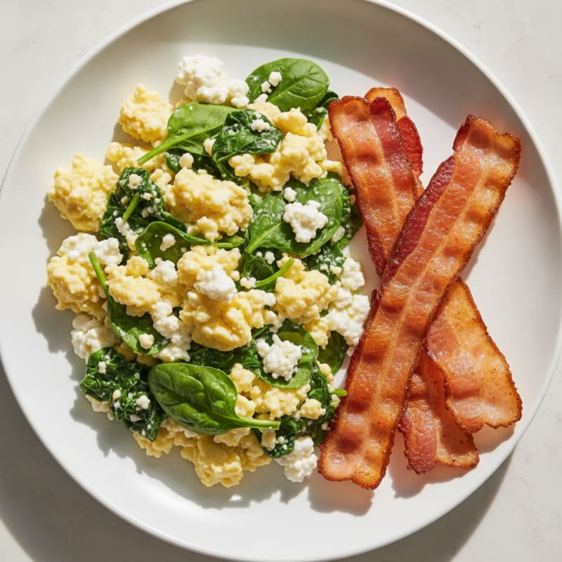 Cottage Cheese Egg Scramble with Spinach and Turkey Bacon