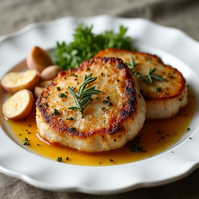 Herb-Crusted Pan Seared Pork Chops with Roasted Garlic