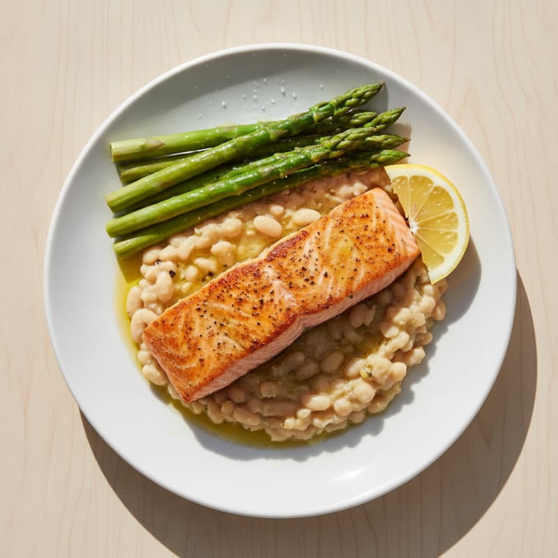 Seared Salmon with Creamy White Bean Mash and Steamed Asparagus