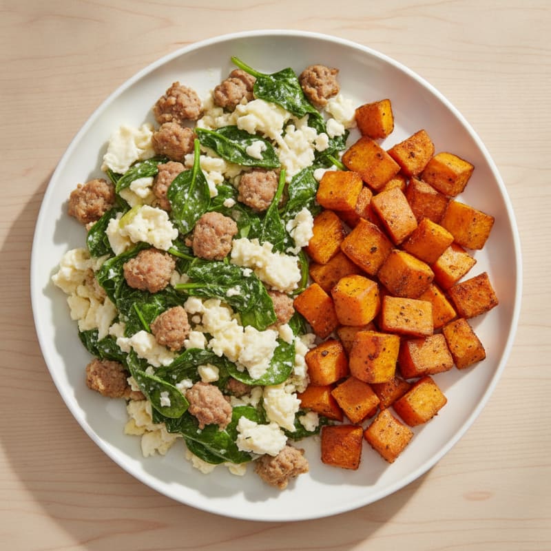 Egg White and Turkey Sausage Scramble with Spinach and Roasted Sweet Potatoes