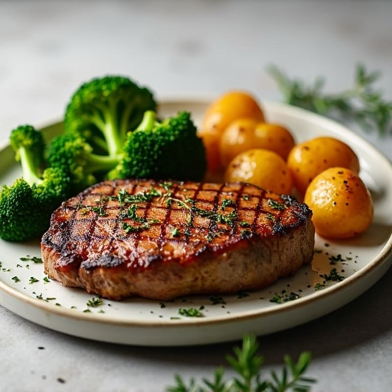 Seared Beef Steak with Herb-Roasted Potatoes and Steamed Broccoli