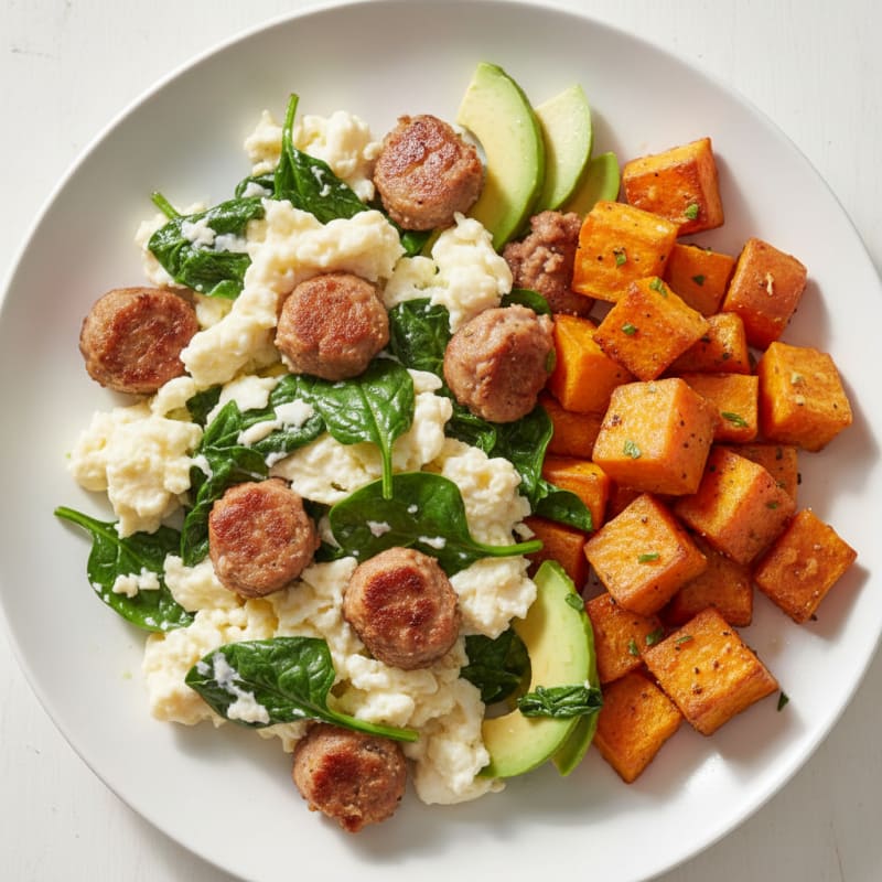 Egg White Spinach Scramble with Seared Turkey Sausage and Roasted Sweet Potato