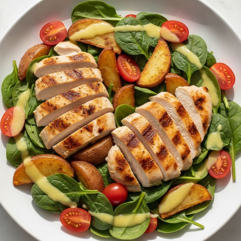 Grilled Chicken Salad with Spinach, Cherry Tomatoes, and Lemon Vinaigrette