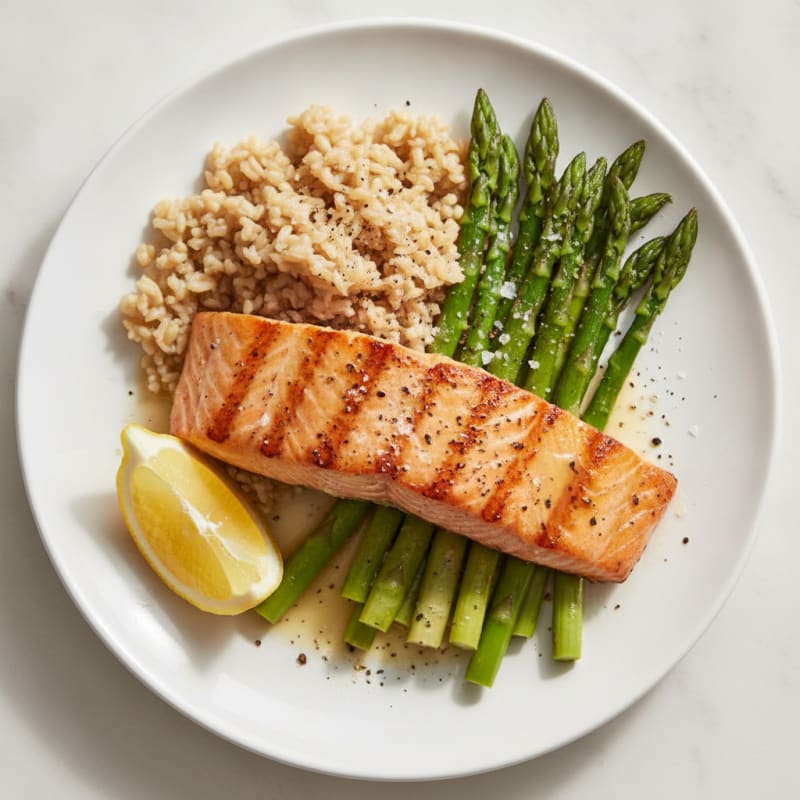 Seared Salmon Fillet with Steamed Asparagus and Brown Rice