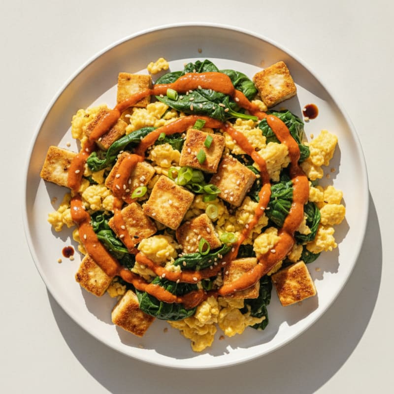Crispy Tofu and Egg Scramble with Spinach and Gochujang Sauce