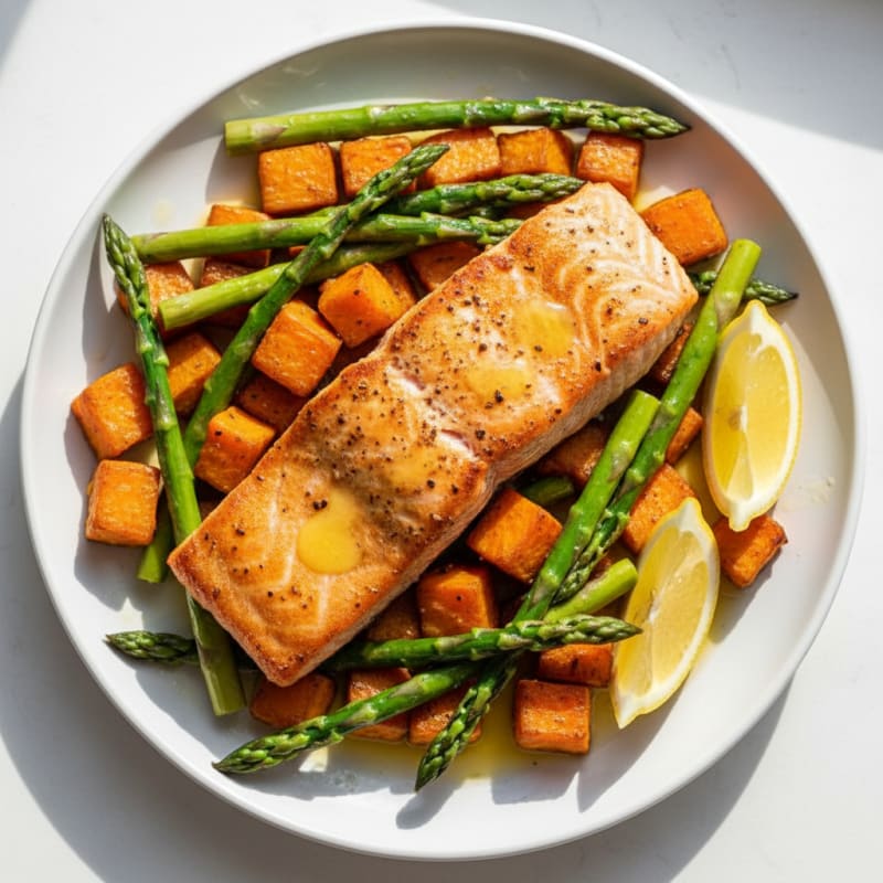Seared Salmon with Roasted Sweet Potatoes and Asparagus