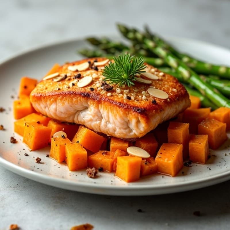 Seared Salmon with Roasted Sweet Potatoes and Asparagus