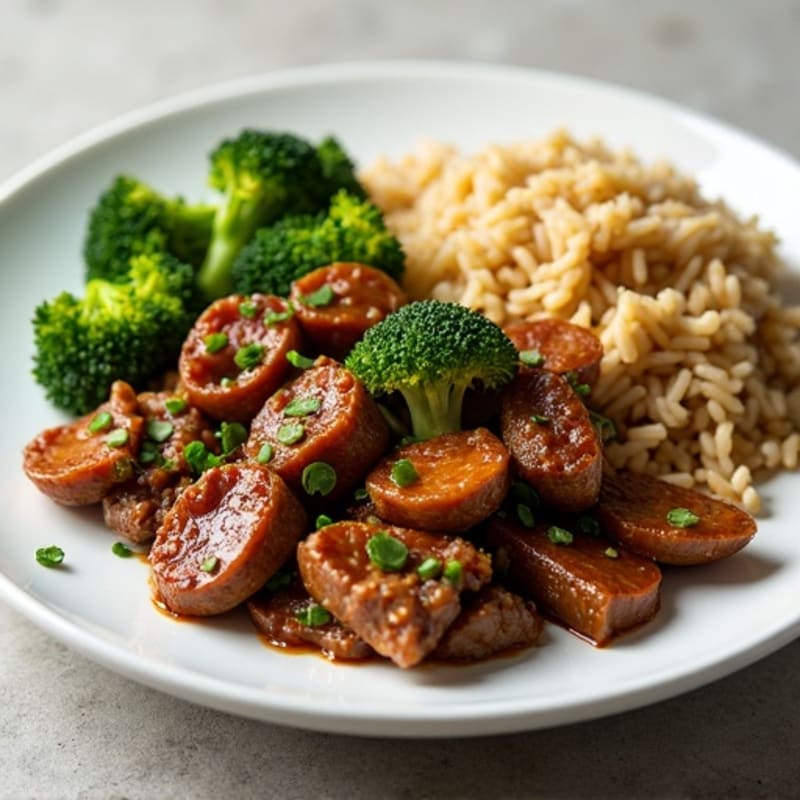 Stir-fried Garlic Ginger Beef with Crispy Broccoli and Brown Rice