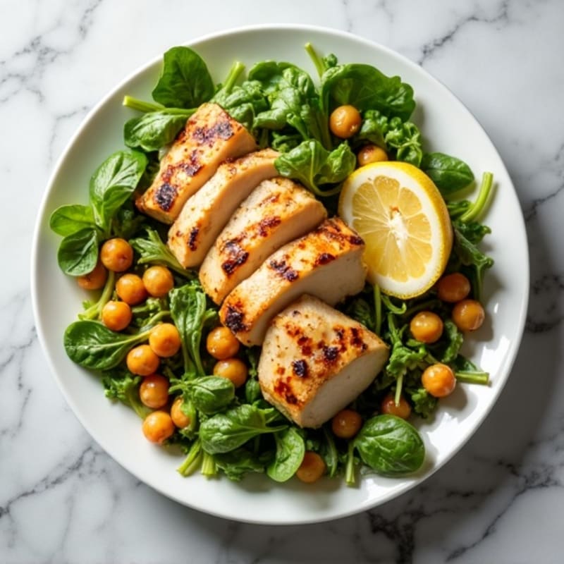 Grilled Chicken Salad with Fresh Greens, Crispy Chickpeas, and Zesty Lemon Vinaigrette