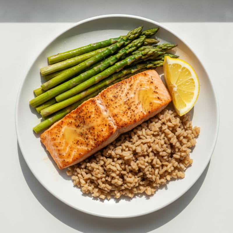 Seared Salmon with Steamed Asparagus and Brown Rice