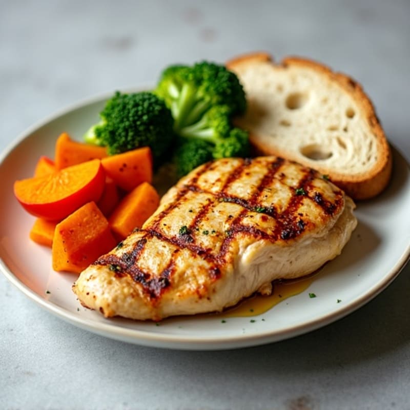 Grilled Chicken Breast with Roasted Sweet Potato, Steamed Broccoli, and Sourdough Bread