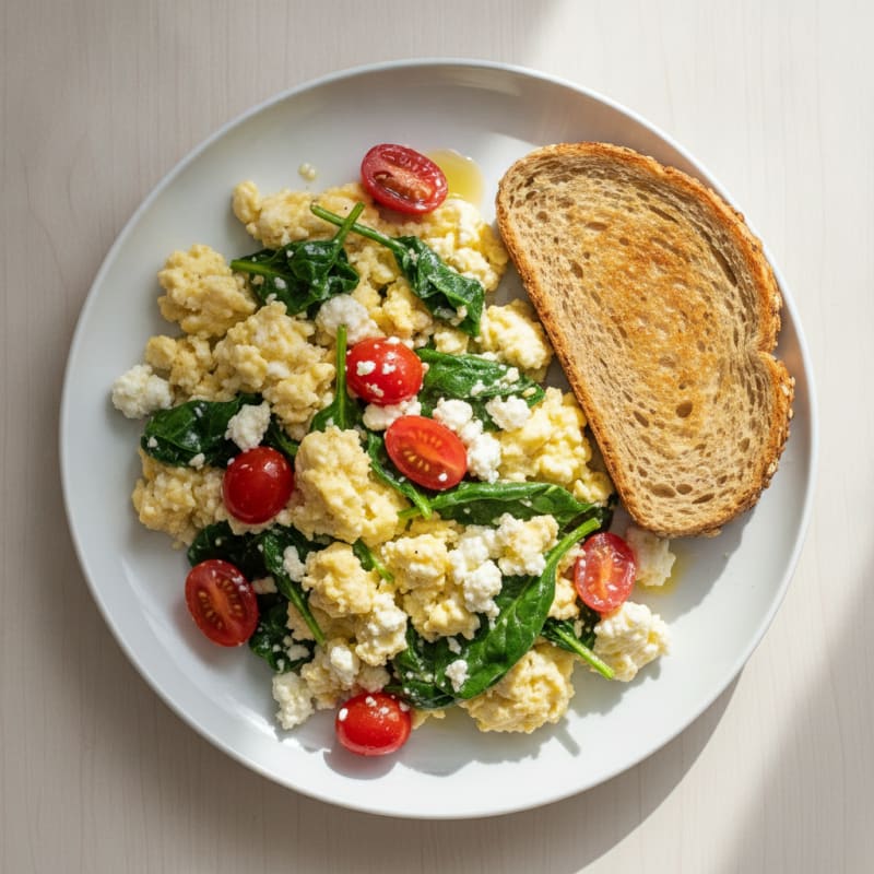 Cottage Cheese Egg Scramble with Spinach and Tomatoes