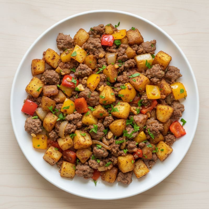 Ground Beef and Potato Hash with Bell Peppers