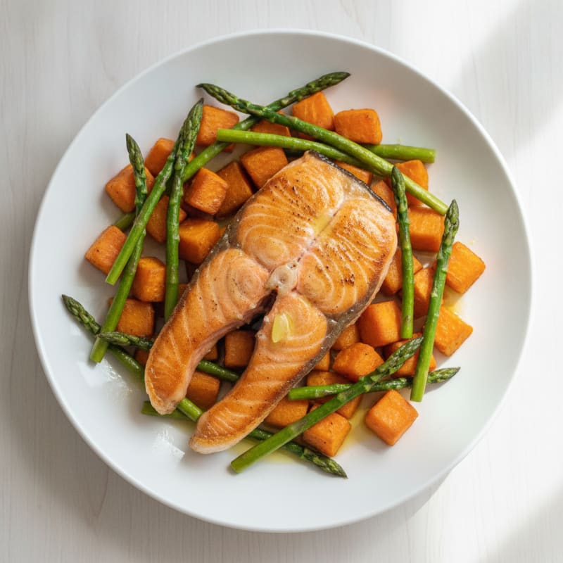 Seared Salmon Filet with Roasted Sweet Potatoes and Asparagus