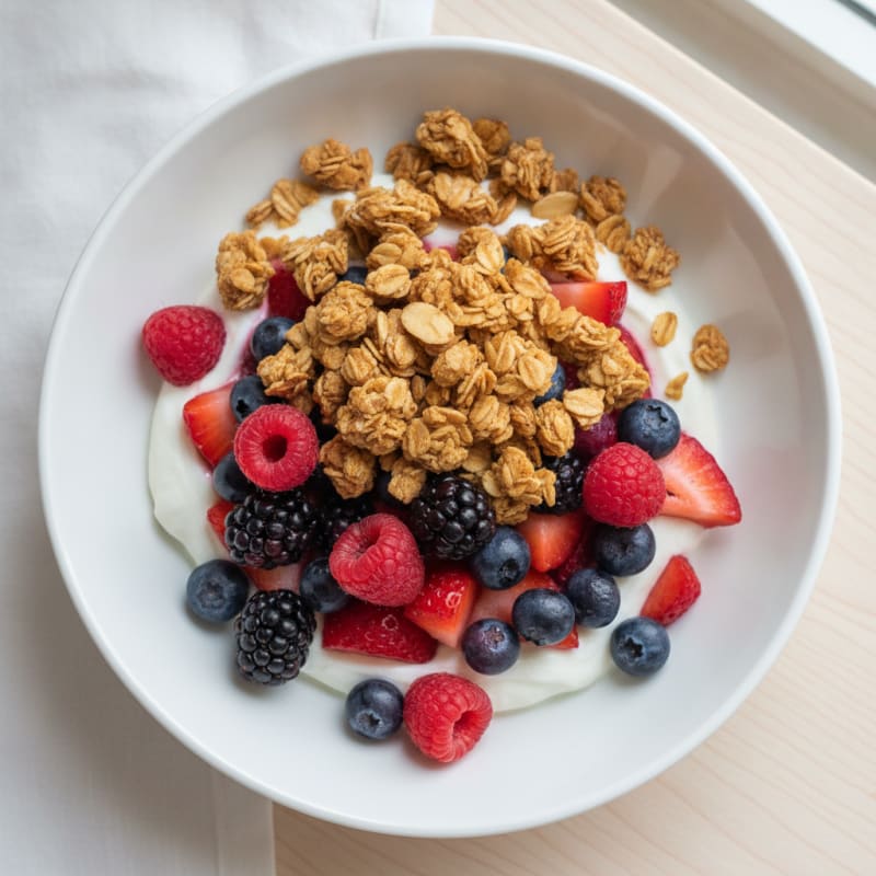 Greek Yogurt Parfait with Mixed Berries and Crunchy Almond Granola