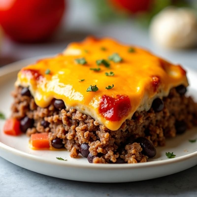 Lean Ground Beef and Black Bean Layered Bake with Melted Cheese