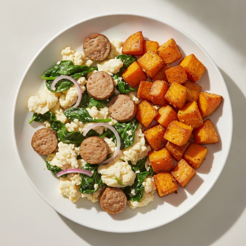 Egg White and Turkey Sausage Scramble with Spinach and Roasted Sweet Potato
