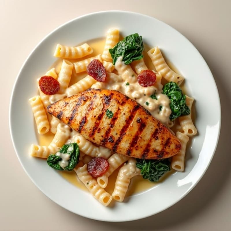 Creamy Chicken and Whole Wheat Pasta with Crispy Turkey Bacon